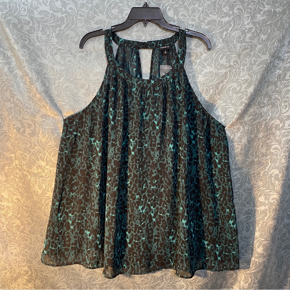 TORRID sz 3 Teal Green 3X Cheetah Chiffon Halter Top Animal Tank Sleeveless NWT